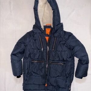 OROLAY Kid 8-9 YO Navy Hooded Puffer Jacket with Orange Lining, Fleece Hood